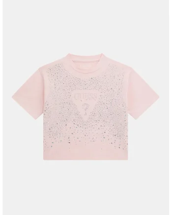 Tricou crop cu logo si strasuri, Roz/Argintiu