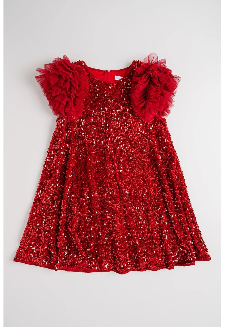 Rochie cu aplicatii cu paiete si volane, Rosu vermillion