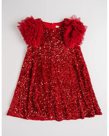 Rochie cu aplicatii cu paiete si volane, Rosu vermillion