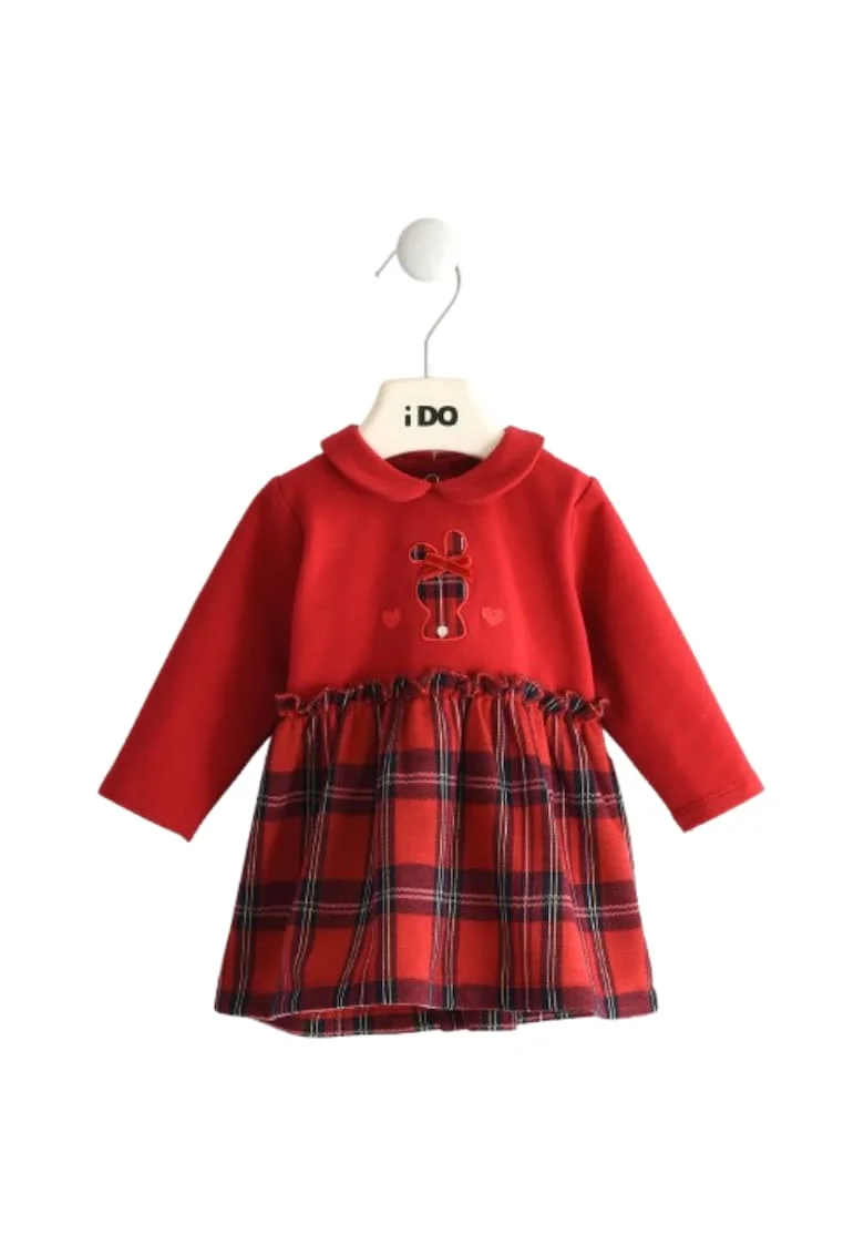 Rochie bebe fete iDO din bumbac elastic, cu fusta in carouri si imprimeu iepuras, Crem, Gri, Rosu