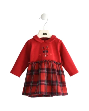 Rochie bebe fete iDO din bumbac elastic, cu fusta in carouri si imprimeu iepuras, Crem, Gri, Rosu