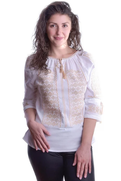 Ie traditionala alba cu motiv geometric crem Stela