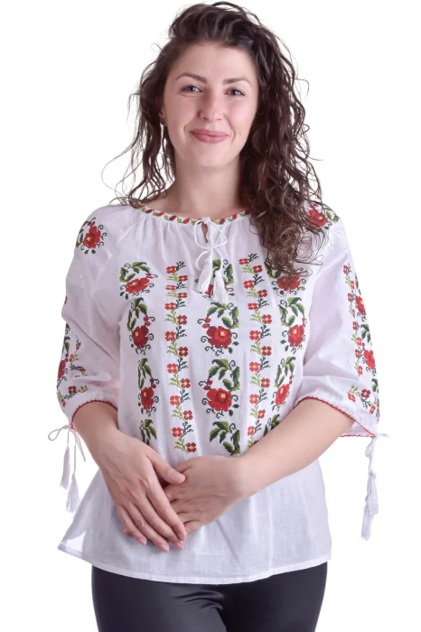 Ie traditionala alba cu motiv floral rosu Floriana