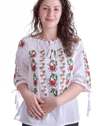 Ie traditionala alba cu motiv floral rosu Floriana