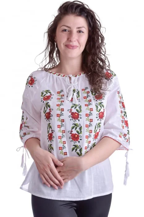 Ie traditionala alba cu motiv floral rosu Floriana