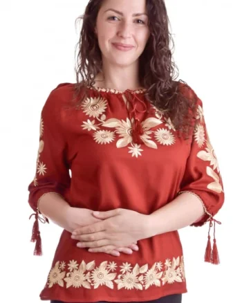 Bluza grena cu motiv floral auriu Agnes 02