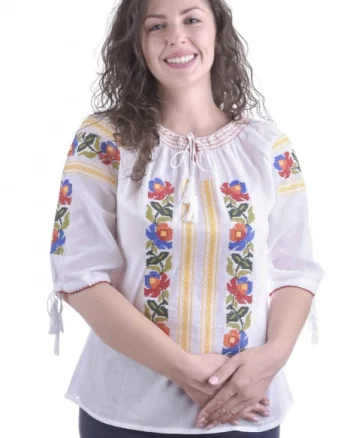 Ie traditionala alba cu motiv floral multicolor Gabriela