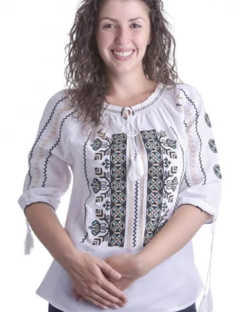 Ie traditionala alba cu motiv geometric multicolor Minodora