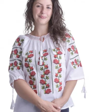 Ie traditionala alba cu motiv floral rosu Evelina