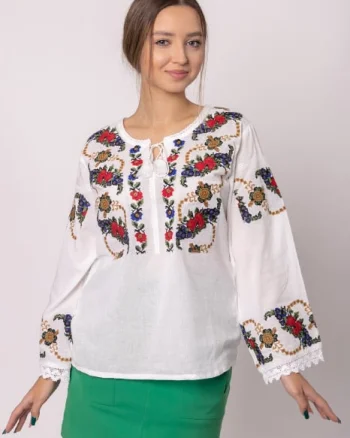 Bluza alba cu motiv floral multicolor Afrodita 01 - maneca lunga
