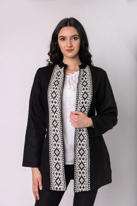 Palton traditional negru cu broderie geometrica alba Otilia