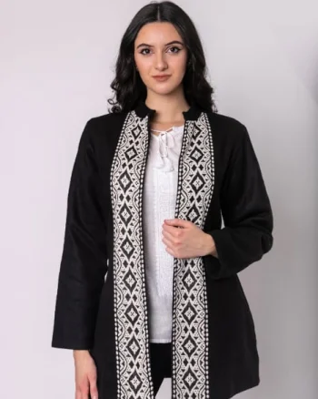 Palton traditional negru cu broderie geometrica alba Otilia