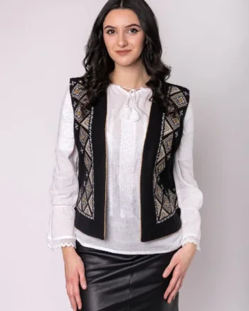 Vesta traditionala neagra cu broderie geometrica multicolora Milena