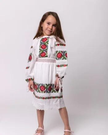 Compleu traditional alb pentru fetite cu motiv floral rosu Emma