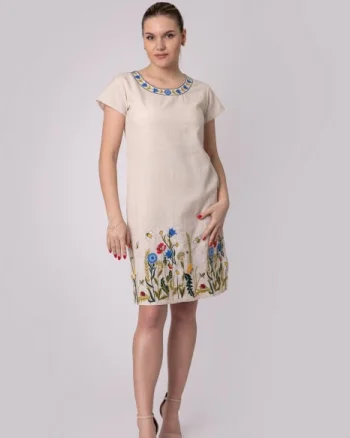Rochie midi crem cu motiv floral multicolor Sabina