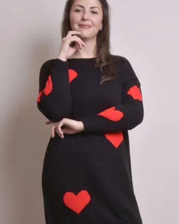 Pulover lung negru cu inimioare rosii