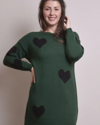 Pulover lung verde cu inimioare negre