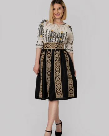 Fusta traditionala neagra cu broderie geometrica crem Doina