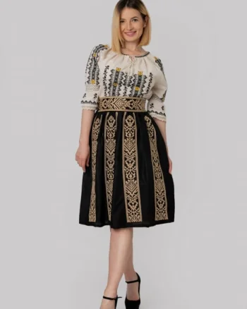 Fusta traditionala neagra cu broderie geometrica crem Doina