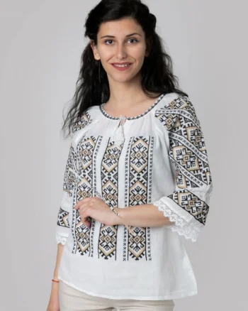 Ie traditionala alba cu motiv geometric crem Ina 01