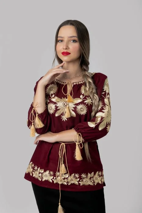 Bluza visinie cu motiv floral auriu Agnes 04