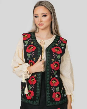 Vesta traditionala neagra cu broderie florala rosie Zina