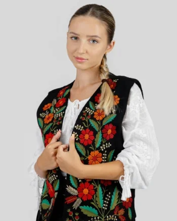 Vesta traditionala neagra cu broderie florala multicolora Margareta