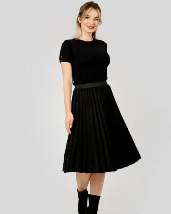 Fusta plisata neagra din piele intoarsa sintetica cu elastic in talie