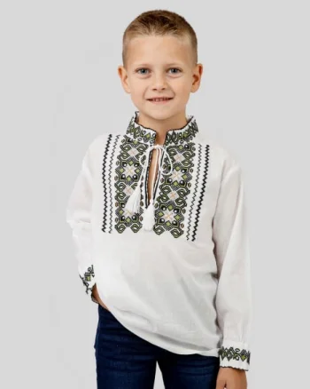 Camasa traditionala de baieti alba cu motiv geometric verde Luca 03