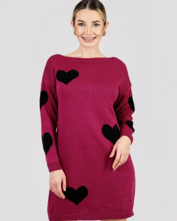 Pulover lung visiniu cu inimioare negre