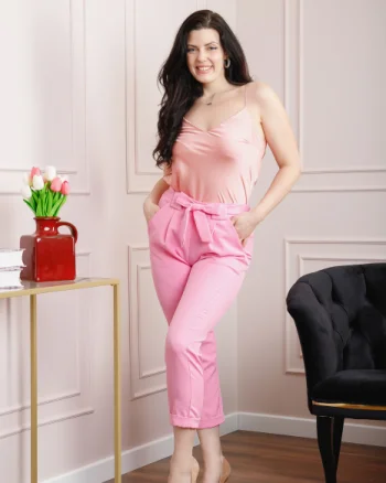 Pantaloni roz pal cu fundita in talie