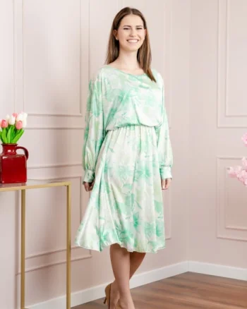 Rochie satinata cu imprimeuri florale verzi