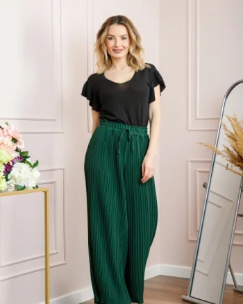 Pantaloni plisati verzi cu elastic in talie