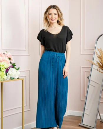 Pantaloni plisati turcoaz cu elastic in talie