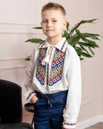 Camasa traditionala de baieti alba cu motiv floral tricolor Raul