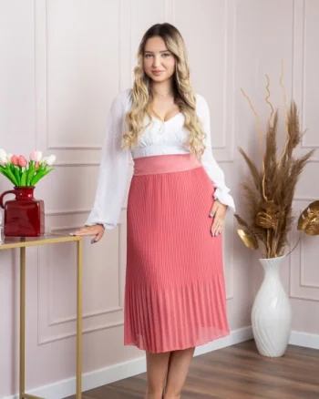 Fusta plisata corai din voal cu elastic in talie