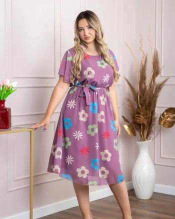 Rochie mov lavanda cu imprimeu floral si maneci fluture