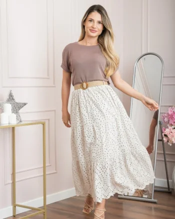 Fusta ivoire boho chic cu perforatii si curea in talie