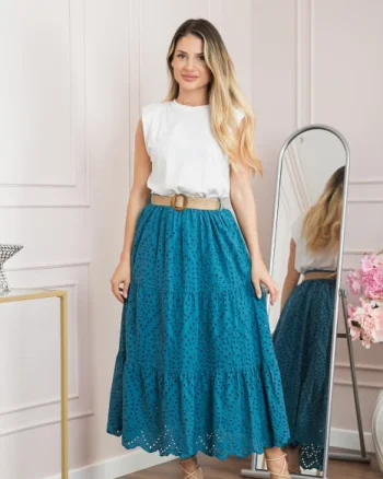 Fusta turcoaz inchis boho chic cu perforatii si curea in talie