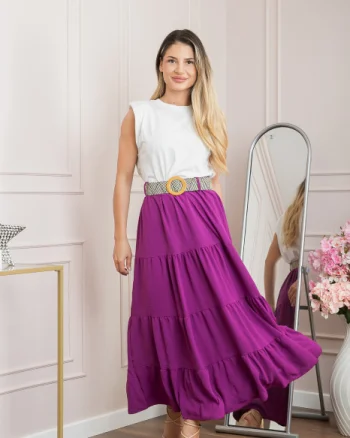 Fusta magenta boho chic cu volane si curea in talie