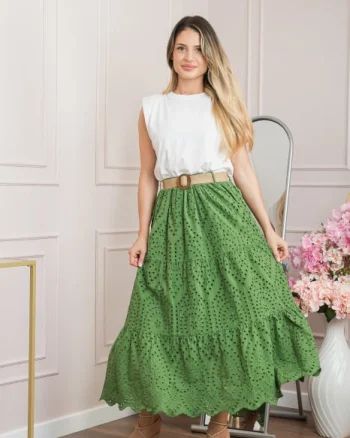 Fusta verde boho chic cu perforatii si curea in talie