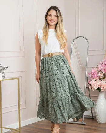 Fusta kaki boho chic cu perforatii si curea in talie