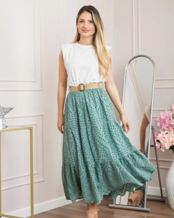 Fusta verde mint boho chic cu perforatii si curea in talie