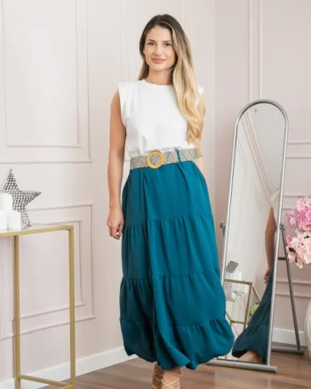 Fusta turcoaz boho chic cu volane si curea in talie