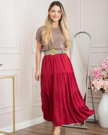 Fusta grena boho chic cu volane si curea in talie