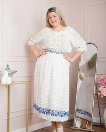 Fusta traditionala alba cu broderie florala albastra Clara 01