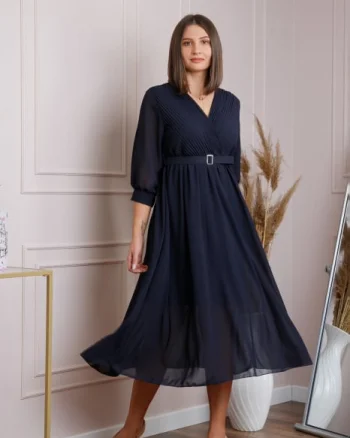 Rochie bleumarin cu bust petrecut si curea in talie