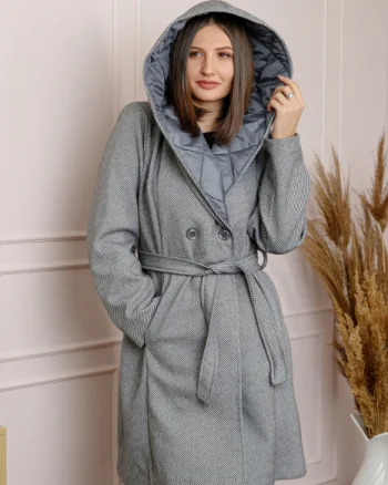 Palton dama elegant gri cu gluga captusita