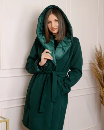 Palton dama elegant verde cu gluga captusita