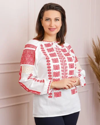 Ie traditionala alba cu motiv floral rosu Marilena